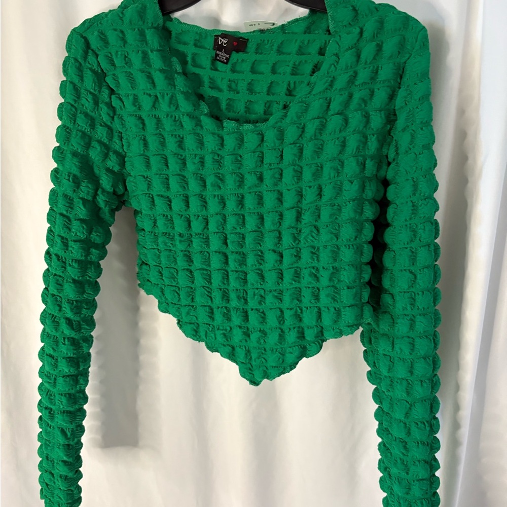 Green Textured Long Sleeve Top